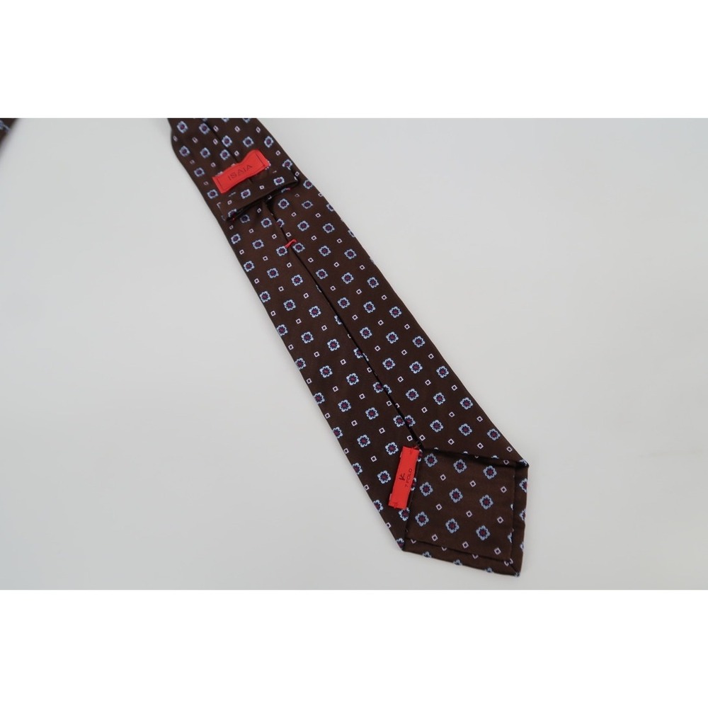 Isaia Napoli Silk Tie Mens OS Brown Blue Floral Geometric 7-Fold Handmade Italy - Picture 6 of 10